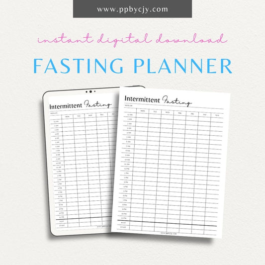 Fasting Planner Printable PDF Template for tracking fasting schedules, eating windows, and progress

