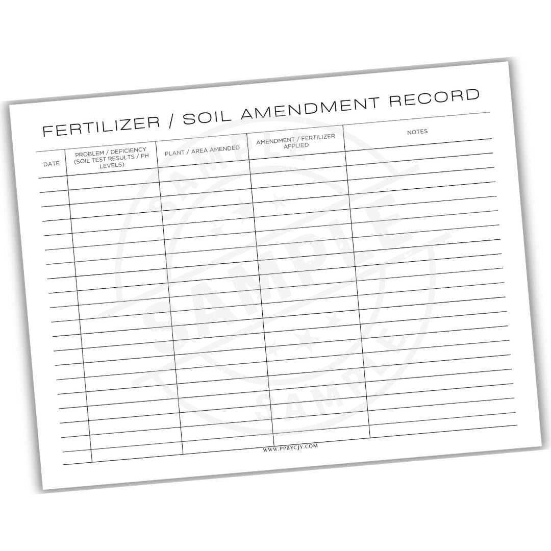 Fertilizer/soil amendment record sheet on a white background