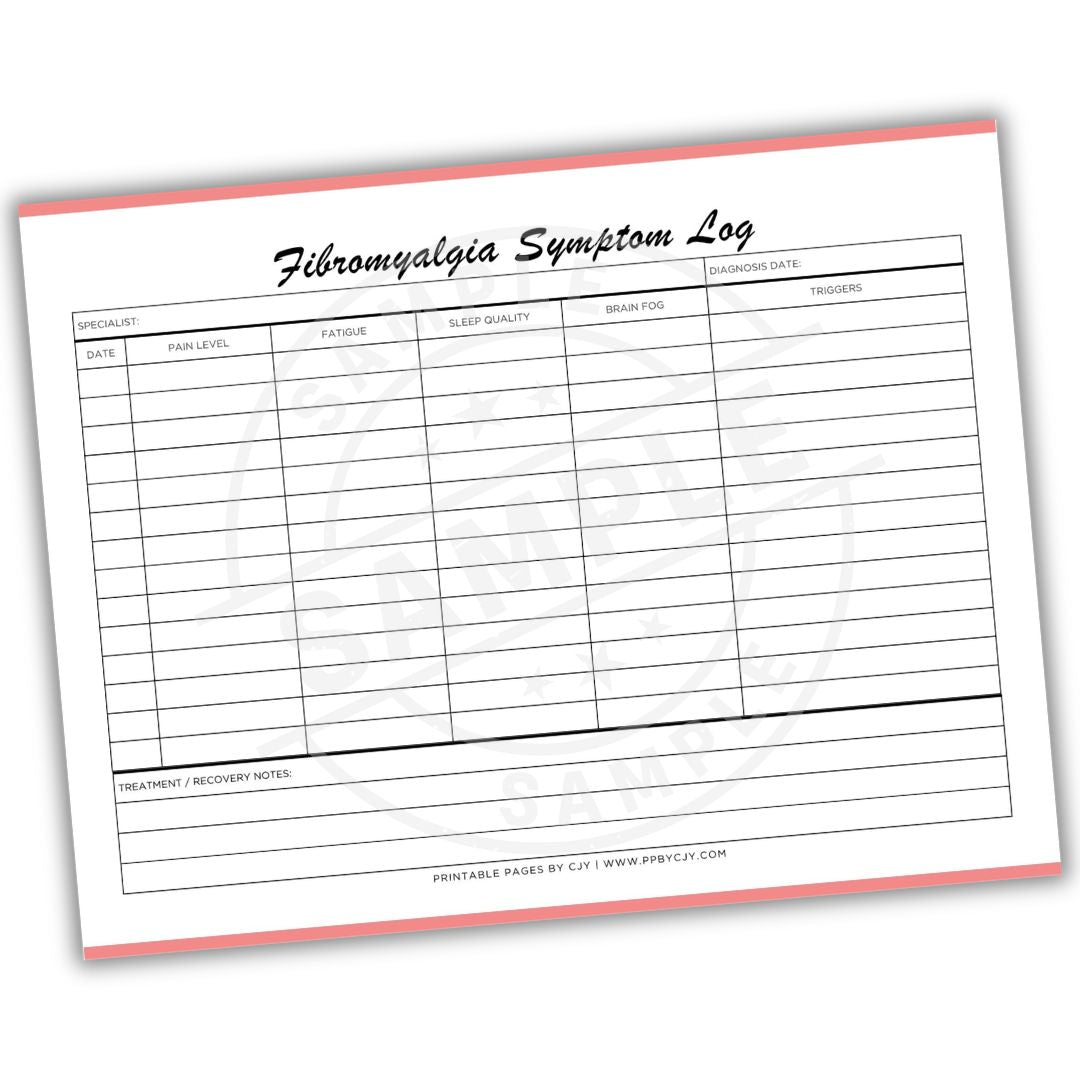 Fibromyalgia symptom log sheet on a white background