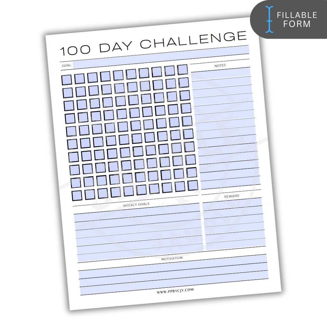 100 Day Challenge form with grid and text on a white background