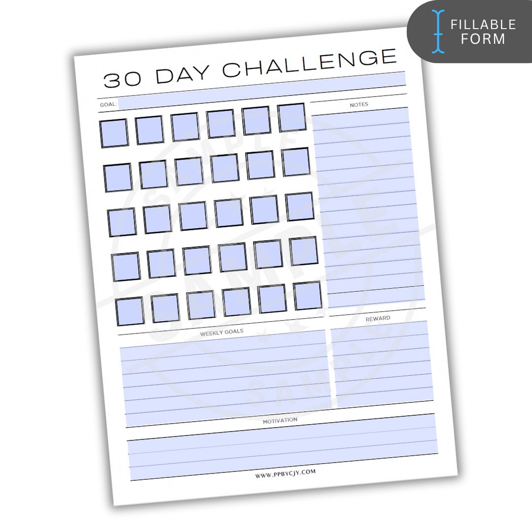 Fillable version of 30 Day Challenge tracker with checkboxes and notes section on a white background