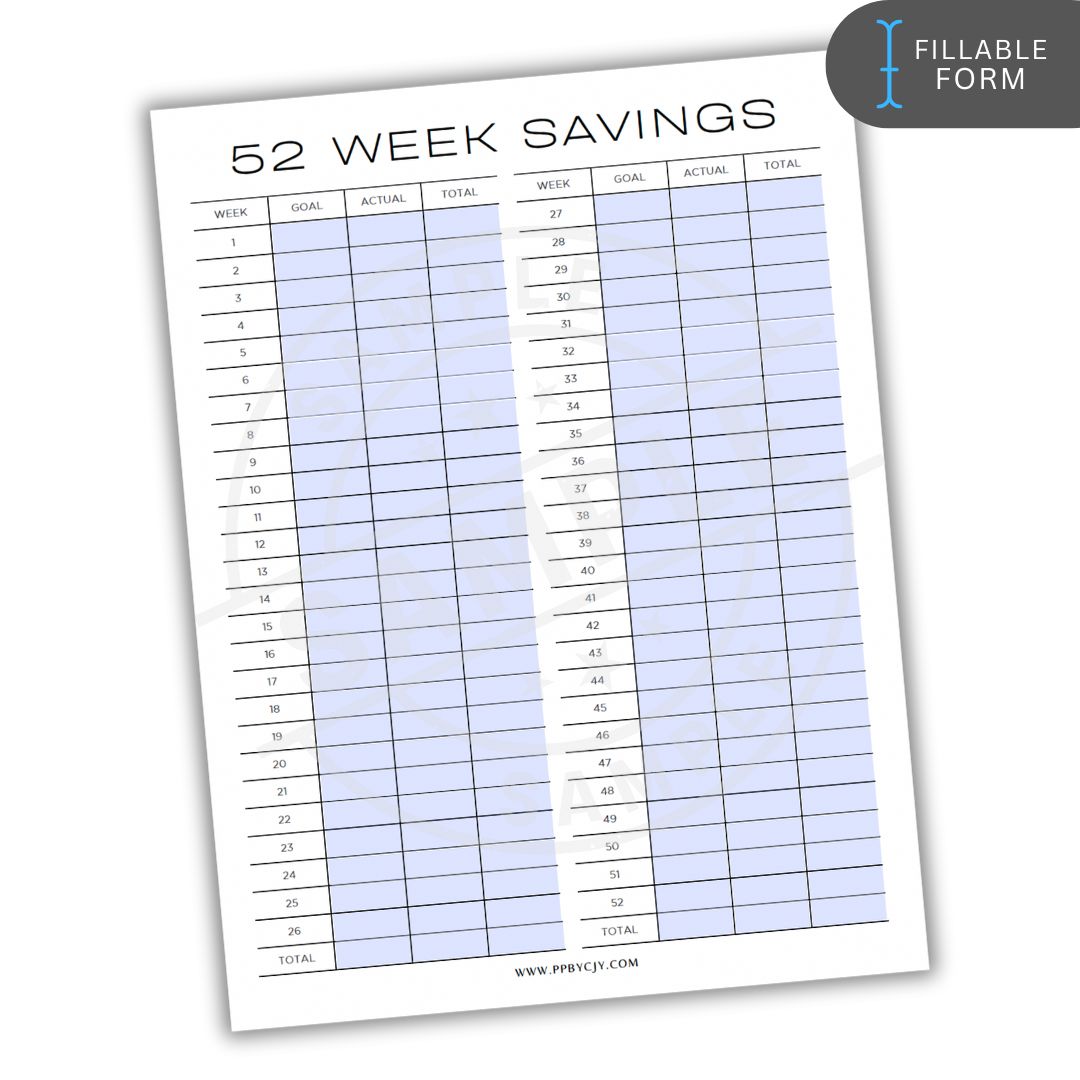 52 Week Savings tracker with a gradient background on a white background