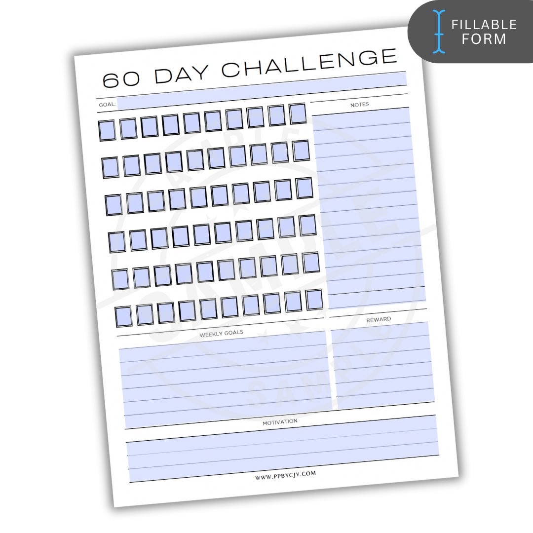60 Day Challenge tracker with checkboxes and space for notes on a white background
