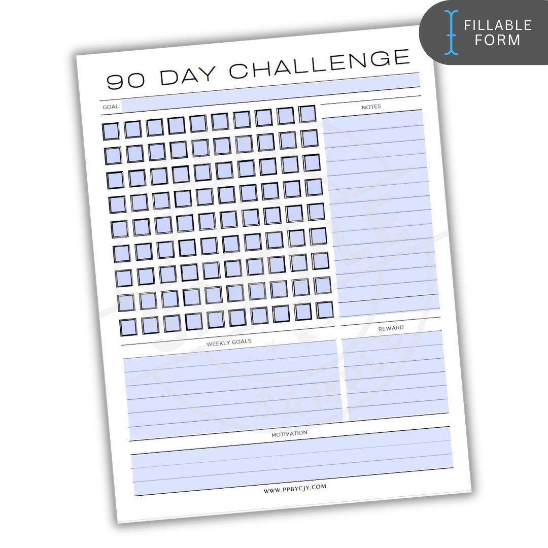90 Day Challenge tracker with checkboxes and space for notes on a white background
