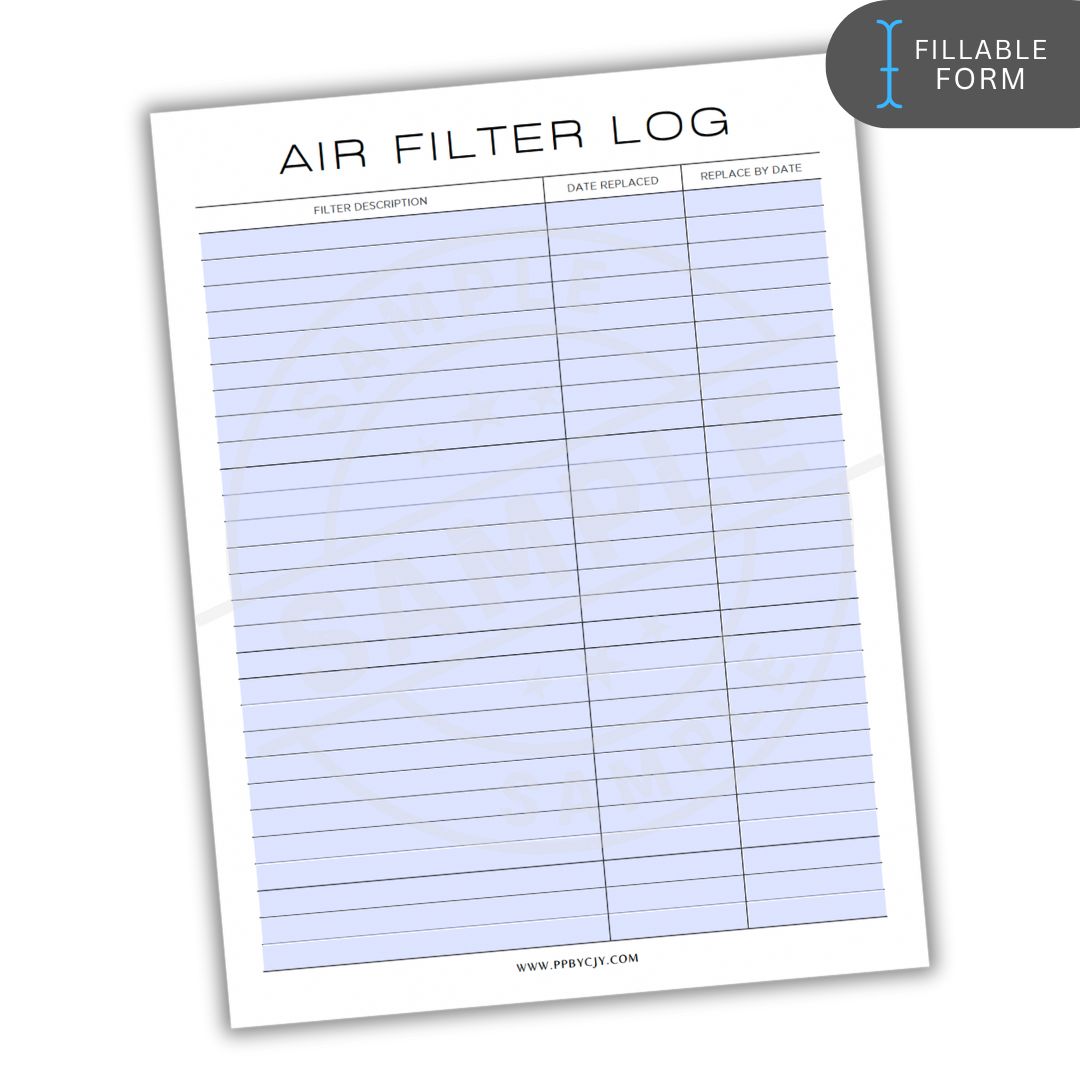 Fillable form air filter log sheet with a white background