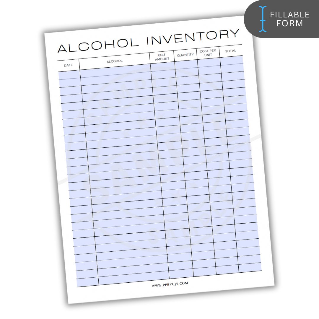 Alcohol inventory fillable form with a white background