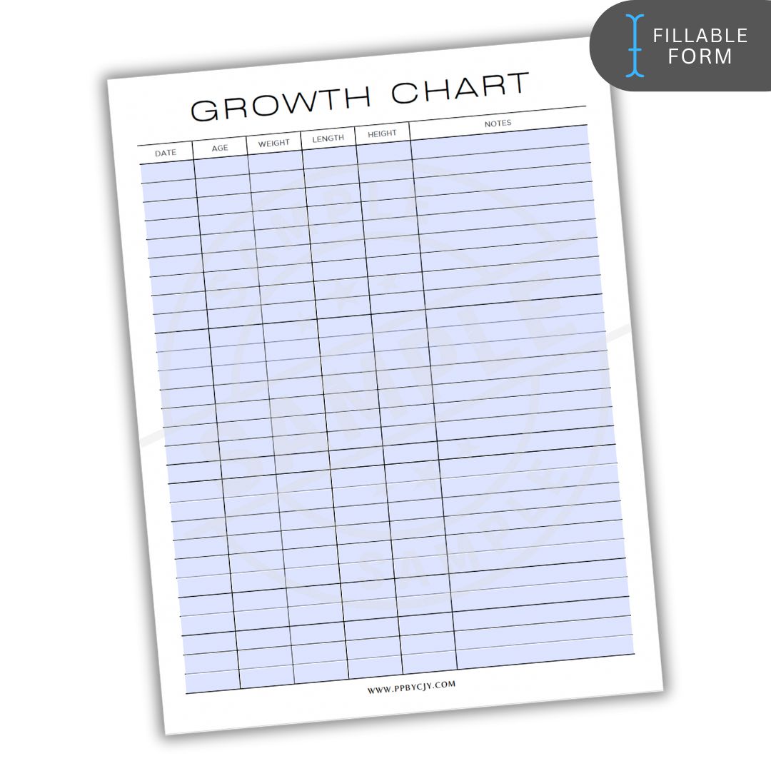 Growth chart with columns for date, age, weight, length, and notes on a white background.