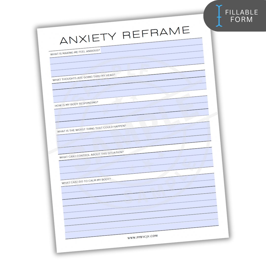 Anxiety Reframe fillable form with text and checkboxes on a white background