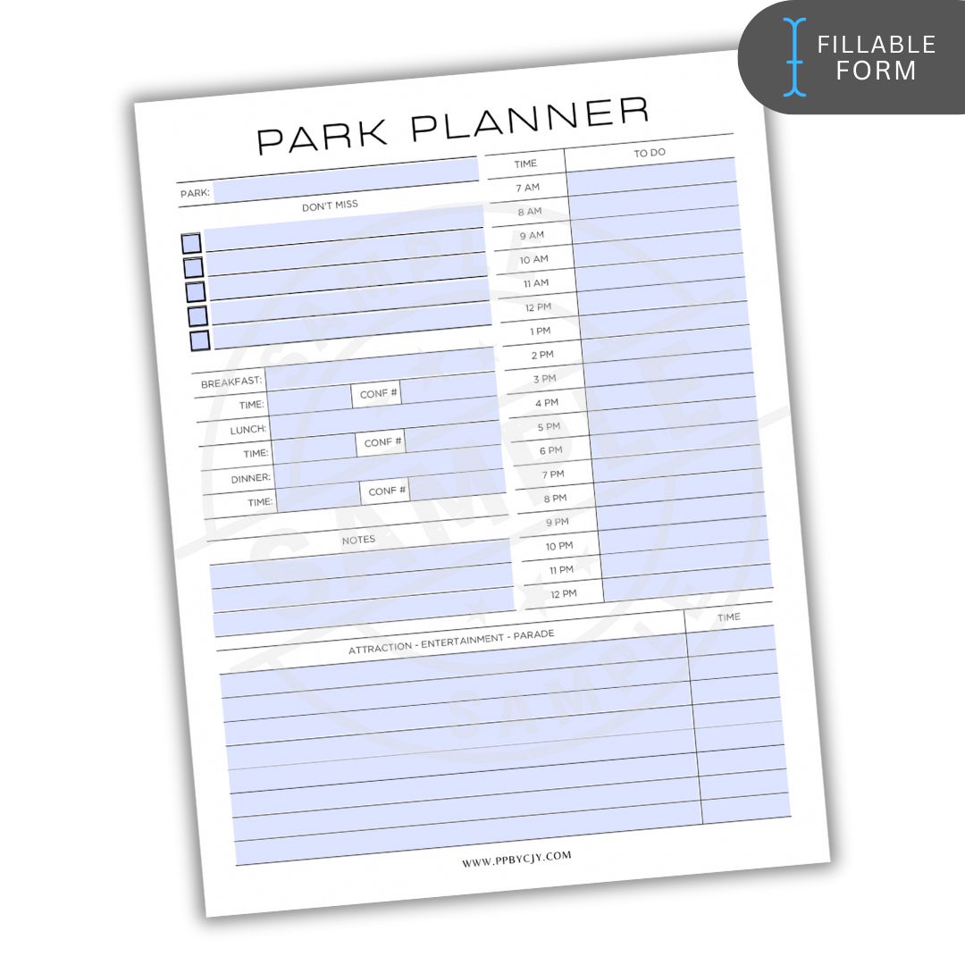 Park planner form with checkboxes and time slots on a white background