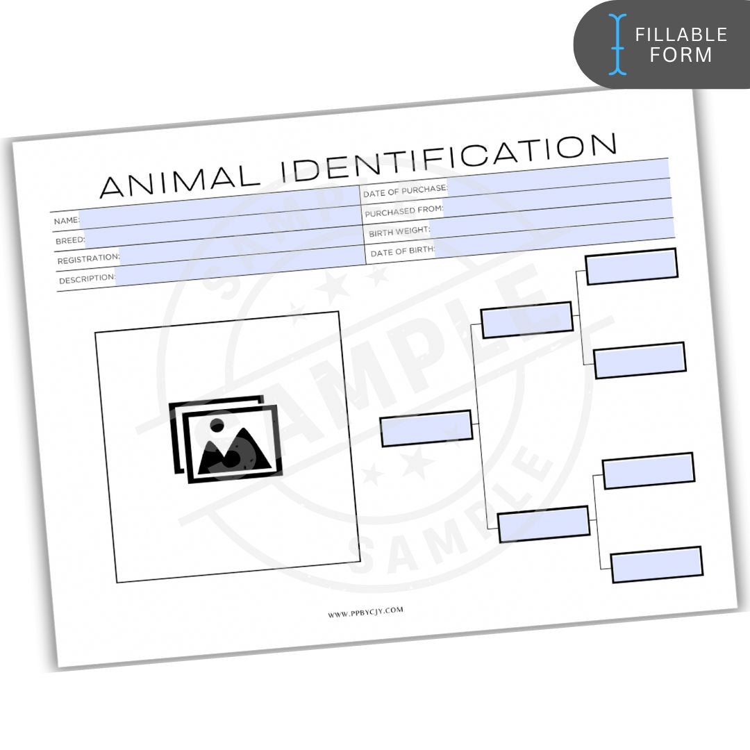 Animal identification form with fields for date of purchase, breed, and other details on a white background.