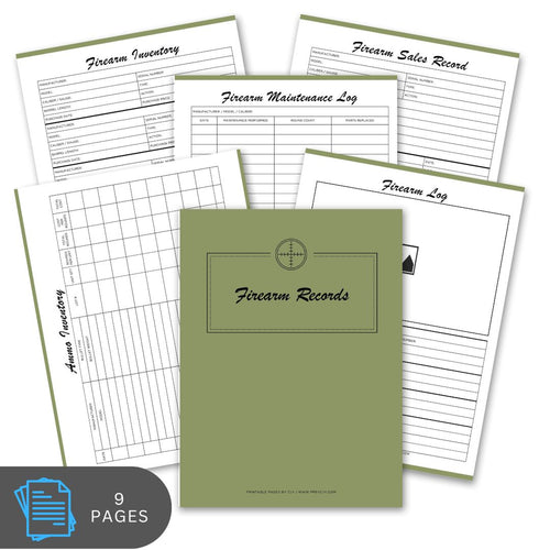 Collection of firearm record forms with a green cover labeled 'Firearm Records'.