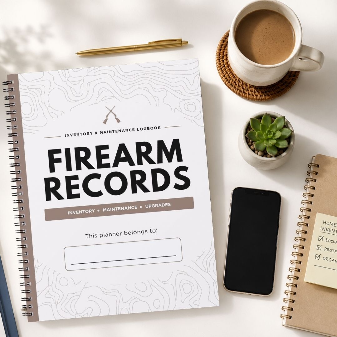 A spiral-bound 'Firearm Records' inventory and maintenance logbook is displayed in a styled flat-lay arrangement on a white surface, surrounded by a cup of coffee, a pen, a small succulent, a smartphone, and another notebook.