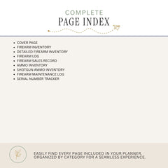 A beige and off-white page index cover for a planner, featuring the title 'COMPLETE PAGE INDEX' at the top, a bulleted list of included pages such as cover page, firearm inventory, firearm sales record, and serial number tracker, and a bottom note explaining how to find pages. A small leaf logo appears in the lower left corner.