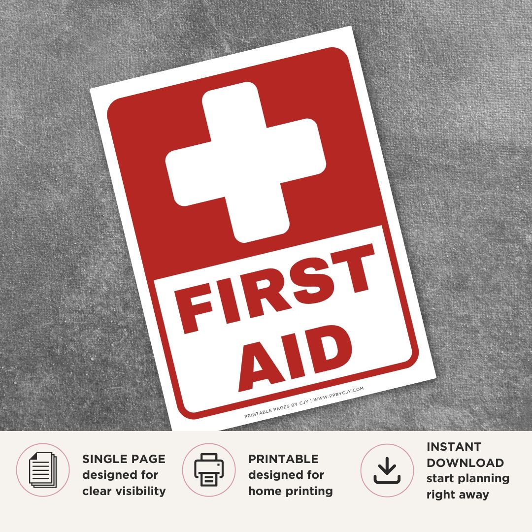 Printable First Aid sign featuring a clean, professional design with bold First Aid text for identifying emergency medical stations, first aid cabinets, and workplace medical supply locations.