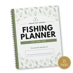 A spiral-bound fishing logbook/planner with a white cover, green botanical border pattern, and large black text reading 'FISHING PLANNER.' A gold circular badge in the lower right says '15 PAGES.