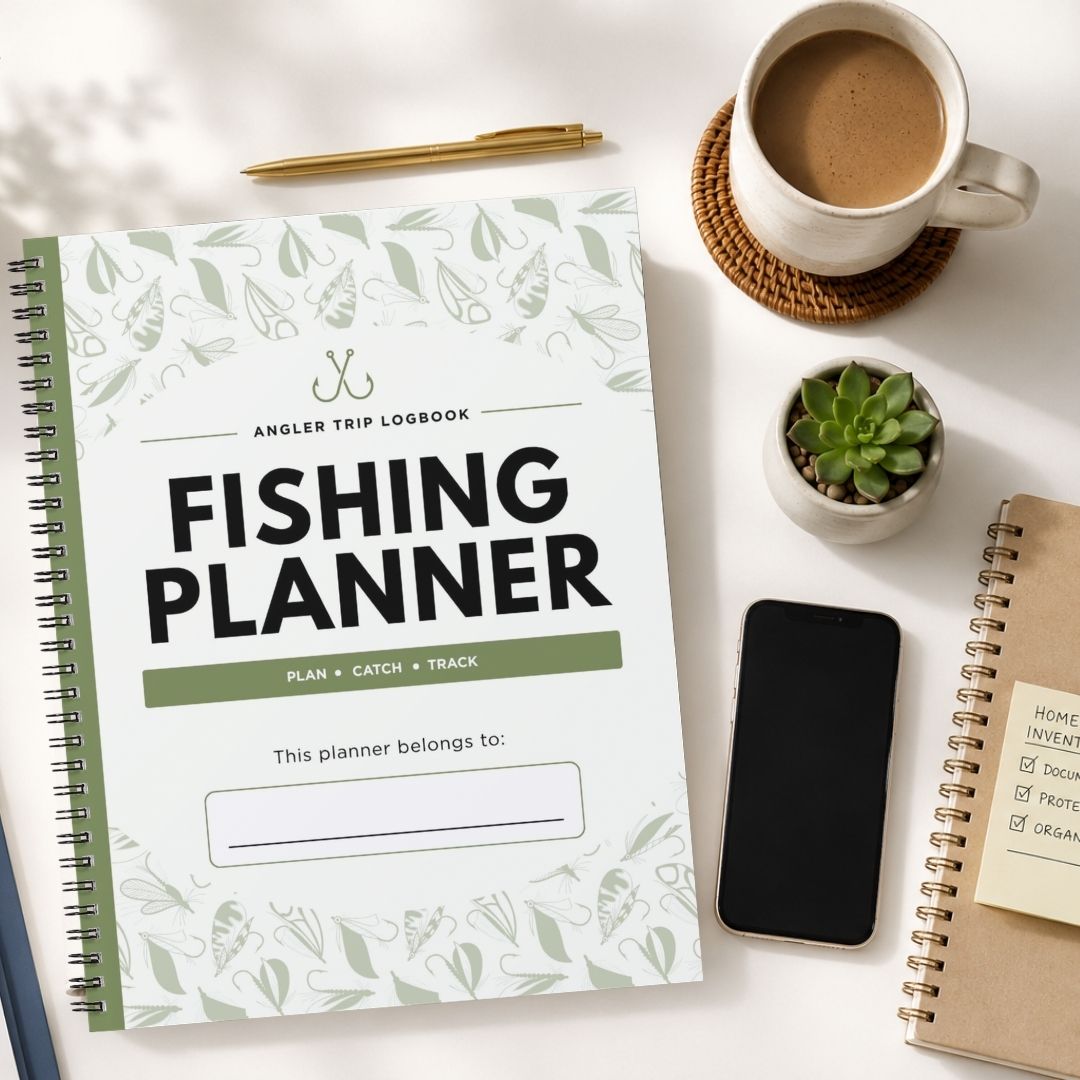 A spiral-bound fishing trip logbook titled 'FISHING PLANNER' is shown in a styled flat-lay arrangement on a white surface, alongside a cup of coffee, a small potted succulent, a smartphone, and another notebook.