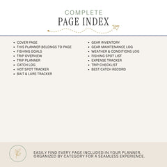 A page index cover for a complete planner, showing a bulleted list of included pages such as cover page, gear inventory, weather and conditions log, and expense tracker on a light beige background.