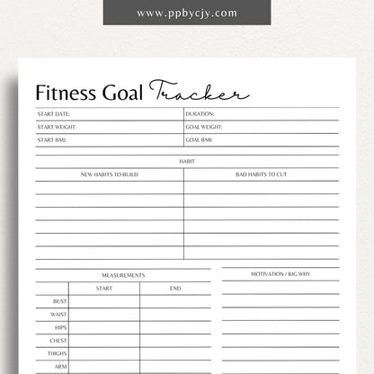 Fitness Goal Tracker Printable PDF Template for tracking workouts, goals, and progress

