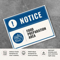 Printable Food Preparation Area notice sign featuring a professional blue notice design, food preparation symbol, and kitchen area identification for restaurants, commercial kitchens, and food service facilities.