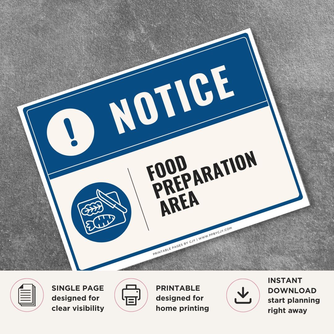 Printable Food Preparation Area notice sign featuring a professional blue notice design, food preparation symbol, and kitchen area identification for restaurants, commercial kitchens, and food service facilities.