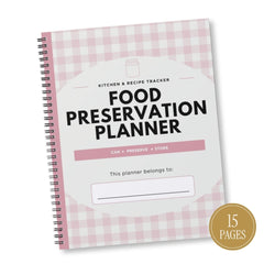 A spiral-bound Food Preservation Planner with a pink and white gingham cover, featuring bold black text and a gold circular badge that reads '15 PAGES'.