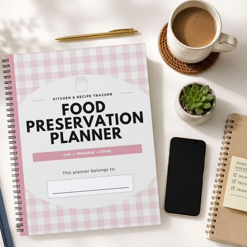 A spiral-bound 'Food Preservation Planner' with a pink and white gingham cover is displayed in a styled flat-lay arrangement on a white desk alongside a cup of coffee, a smartphone, a small succulent, and other notebooks.