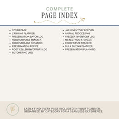 A page index cover for a planner, featuring a clean layout with the title 'COMPLETE PAGE INDEX' at the top and a bulleted list of included pages below on a warm beige background.