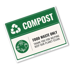 A rectangular composting sign with a green and white design, featuring the word 'COMPOST' in large white letters, a recycling symbol, and text that says 'FOOD WASTE ONLY' and 'THANK YOU FOR HELPING KEEP OUR PLANET CLEAN.' The sign is shown at an angle on a plain white background.
