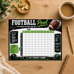A football pool game board printed on a rectangular card, styled on a wooden tabletop with a coffee cup, notebook, pen, and small plant visible around it.