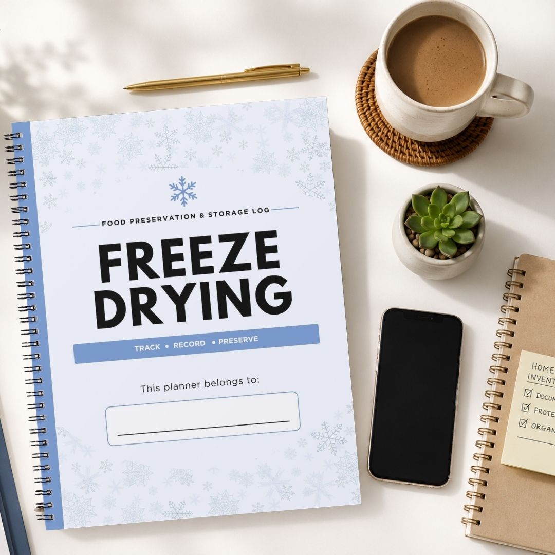 A spiral-bound freeze drying food preservation and storage log planner is shown in a styled flat-lay arrangement on a white surface, surrounded by a cup of coffee, a pen, a small succulent, a smartphone, and another notebook.