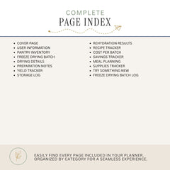 A page index layout for a planner, showing a cover page index title at the top and a bulleted list of included pages in two columns on a light beige background.