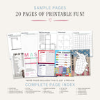 Games and Activities Planner printable family fun bundle with travel games scavenger hunts puzzles and kids activities sample pages
