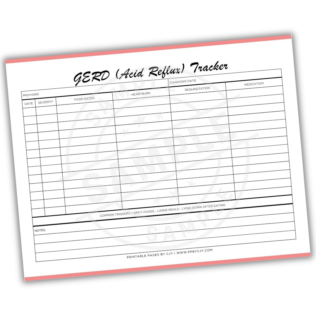 GERD (Acid Reflux) Tracker sheet with columns for tracking symptoms, food eaten, medication, etc.