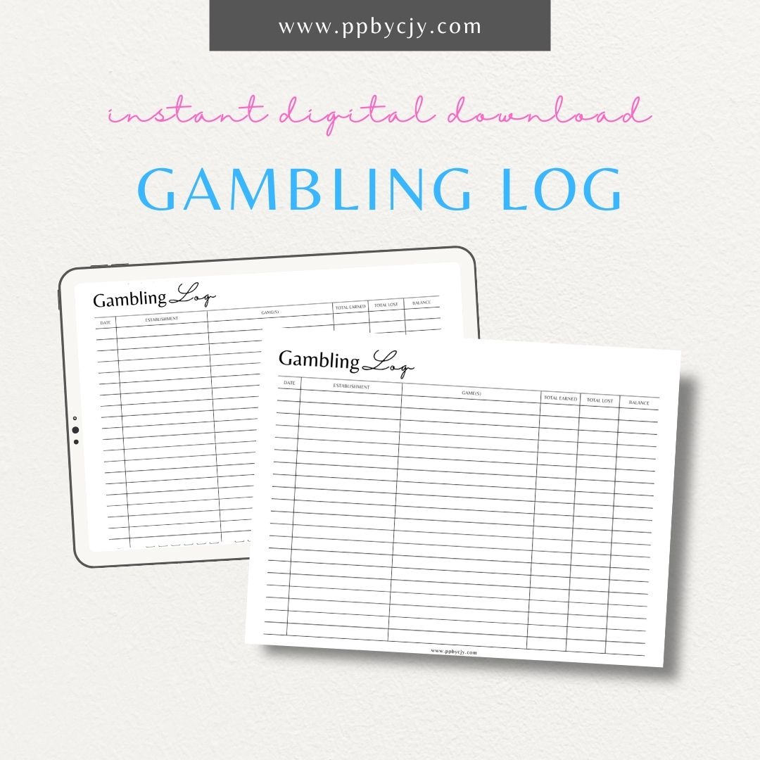 Gambling Tracker Printable PDF Template for tracking gambling sessions, spending, and emotional impact

