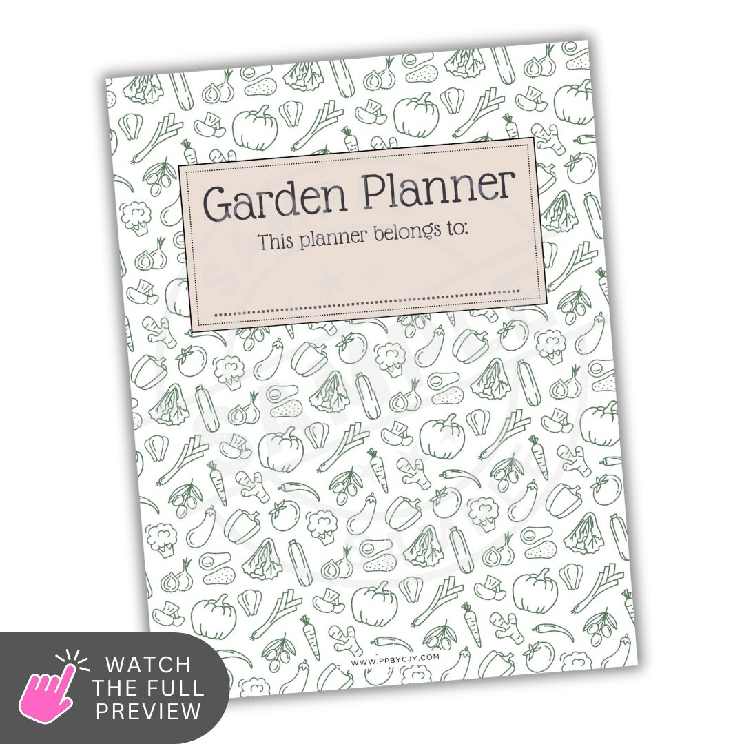 Garden planner with vegetable pattern and customizable name tag on a white background
