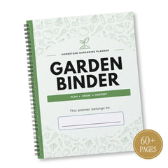 A spiral-bound Garden Binder planner shown at an angle on a white background. The cover is white with light green botanical illustrations, bold black text reading 'GARDEN BINDER,' a green banner, and a gold circular badge in the lower right that says '60+ PAGES.