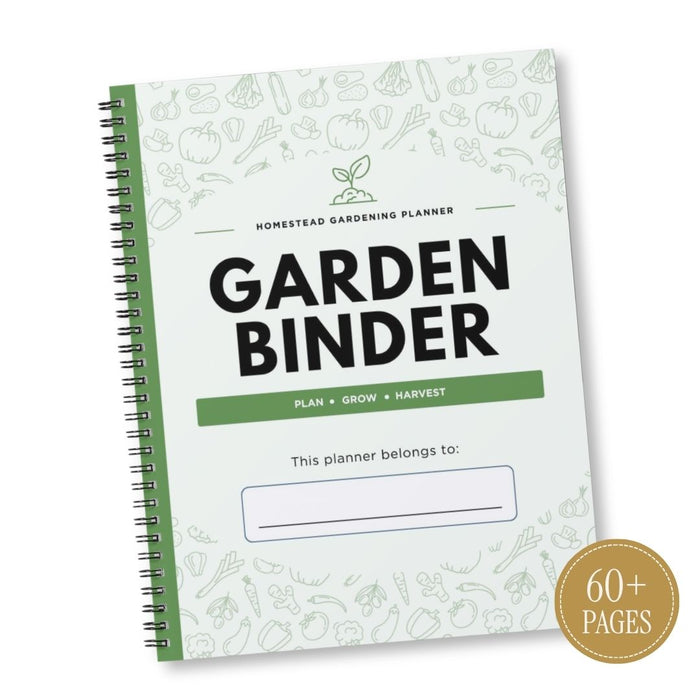 A spiral-bound Garden Binder planner shown at an angle on a white background. The cover is white with light green botanical illustrations, bold black text reading 'GARDEN BINDER,' a green banner, and a gold circular badge in the lower right that says '60+ PAGES.