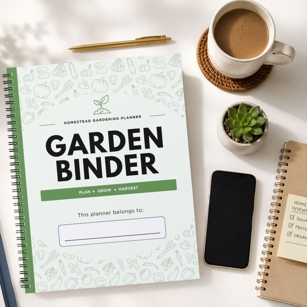 A spiral-bound garden planner titled 'GARDEN BINDER' lies on a white tabletop, surrounded by a coffee cup, a small succulent, a smartphone, and another notebook. The planner cover is white with light green botanical line drawings, a green band, and large black title text.