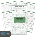 Garden binder with various pages including a watering plan, plant rotation tracker, rainwater collection log, garden overview, and vegetable planting calendar.