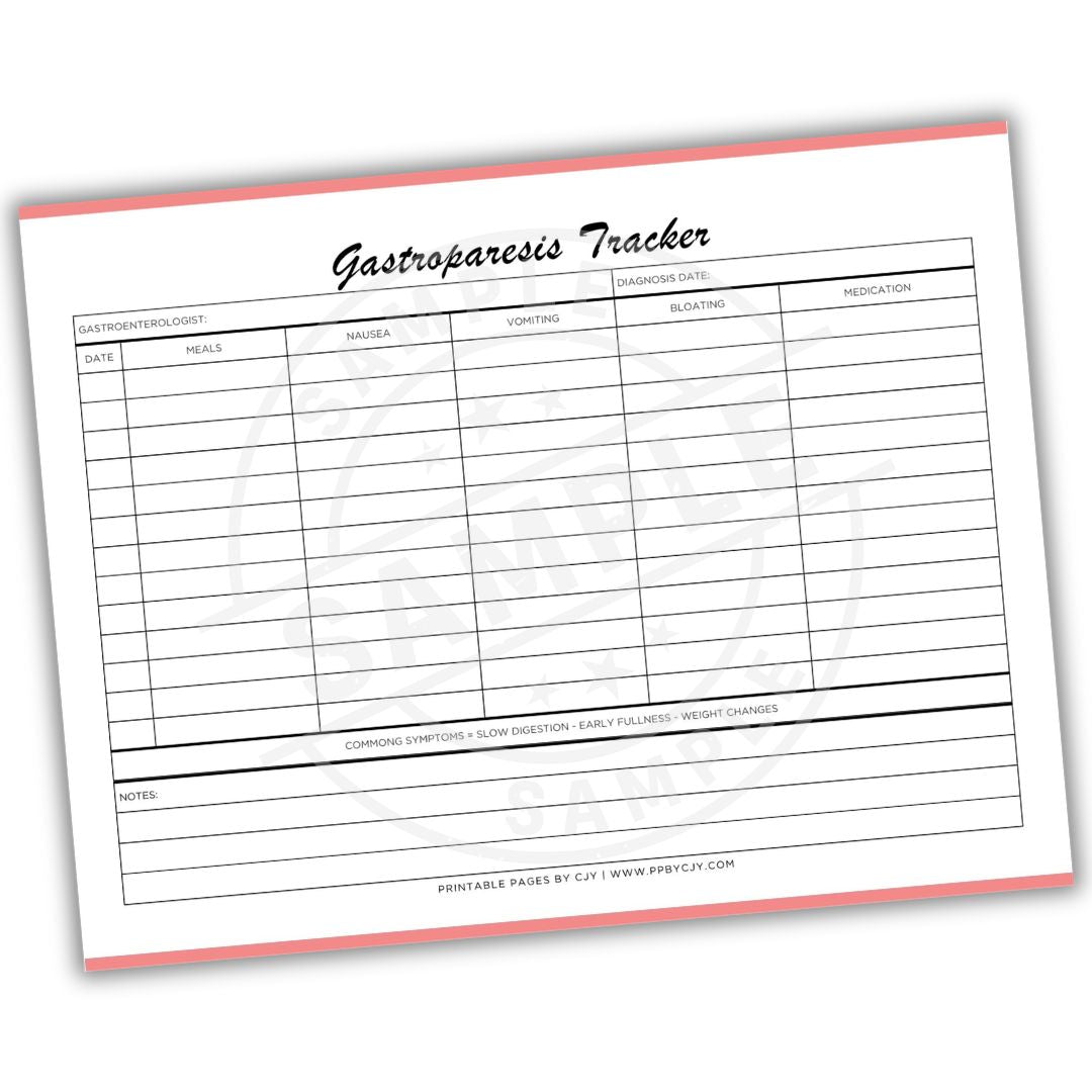 Gastroparesis Tracker sheet with columns for symptoms, eating habits, and medication on a white background.