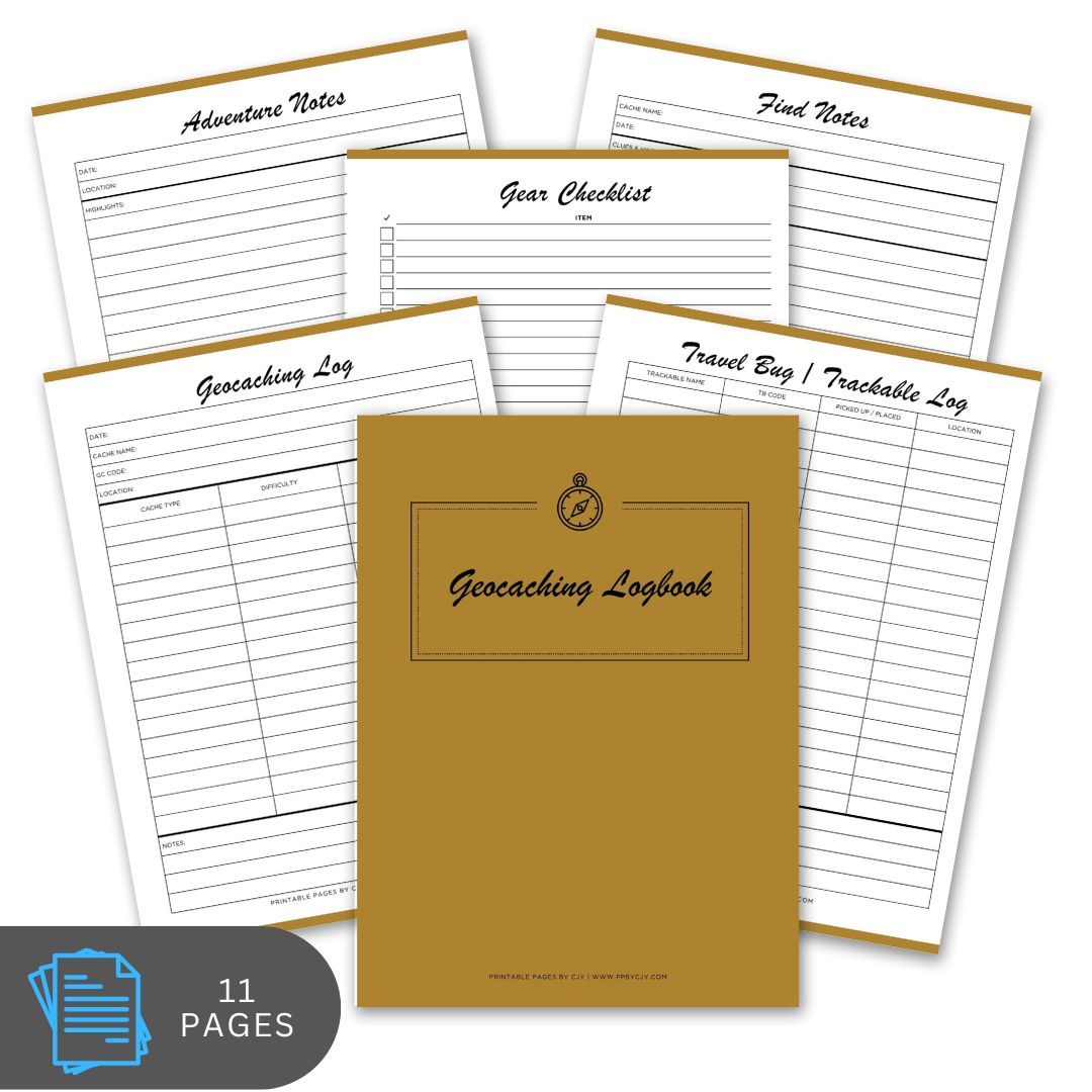 Geocaching logbook with various pages on a white background