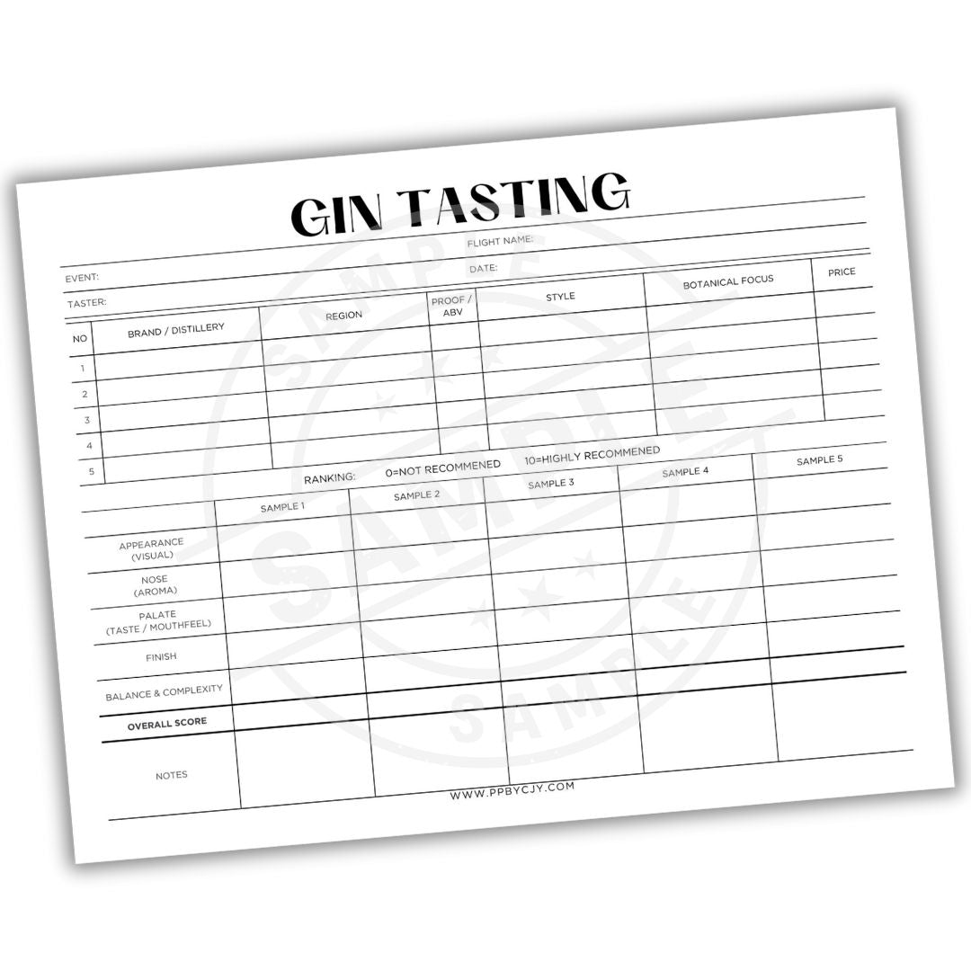 Gin tasting sheet with a white background