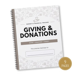 A spiral-bound 'Giving & Donations' budget and financial tracker planner shown at an angle on a white background, featuring a gold '9 Pages' badge.