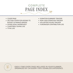 A page index cover for a planner or budget binder, with the title 'COMPLETE PAGE INDEX' at the top and a bulleted list of included pages below on a light beige background.