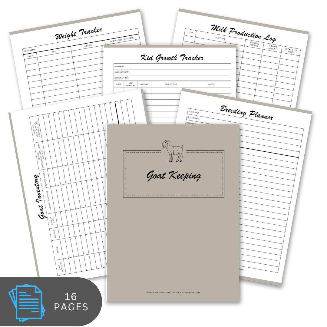 Collection of goat keeping logs and planners with a central notebook titled 'Goat Keeping'.