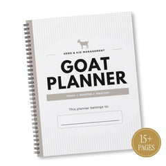 A spiral-bound Goat Planner from Herd & Kid Management, featuring a white cover with subtle vertical lines, bold black text, and a gold circular badge indicating 15+ pages.