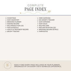 A page index graphic for a goat herd planner, showing a list of included pages organized in two columns on a light beige background with a darker beige footer.