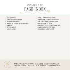 A page index outline for a planner set, showing a cover page, crystal worksheet, herb worksheet, magical correspondence, spell notes, moon magic, spell idea brainstorm, personal correspondence, ritual reflection, protection and cleansing log, ingredient inventory, and symbol & sigil notes on a light beige background.