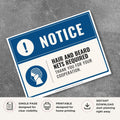 Printable Hair and Beard Nets Required notice sign featuring a professional blue notice design, protective head covering symbol, and workplace hygiene reminder for food preparation and manufacturing facilities.