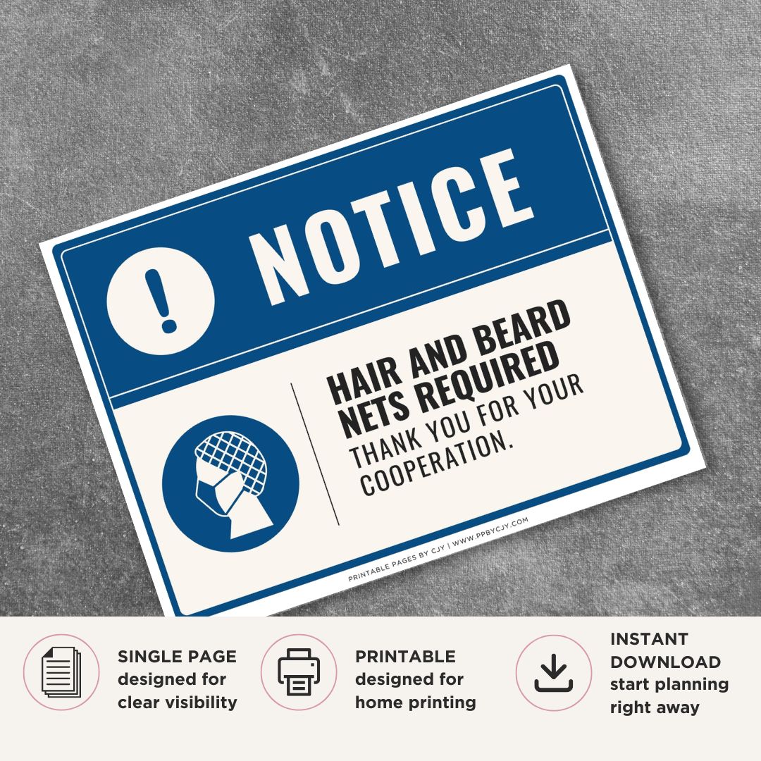 Printable Hair and Beard Nets Required notice sign featuring a professional blue notice design, protective head covering symbol, and workplace hygiene reminder for food preparation and manufacturing facilities.
